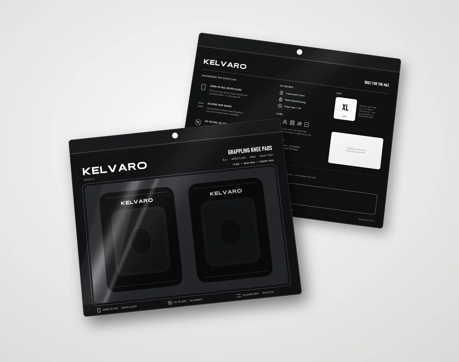 KELVARO grappling knee pads packaging, front and back